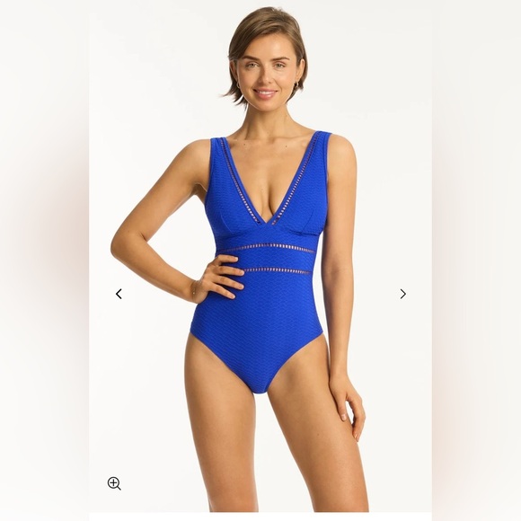 Cobalt Blue One-Piece Swimsuit with Plunging V-Neckline - Picture 3 of 8